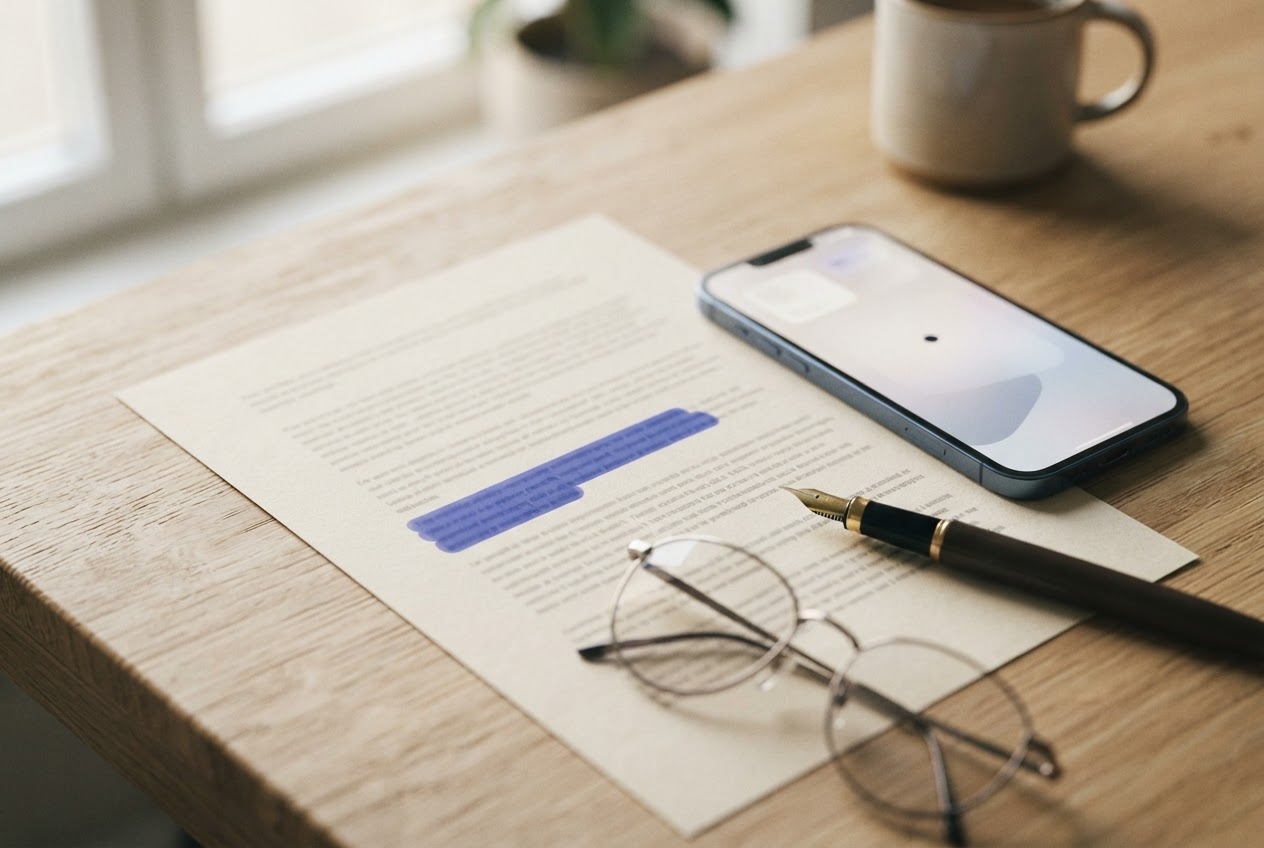 Printed article with one paragraph highlighted in blue beside a phone, illustrating content cited by AI search