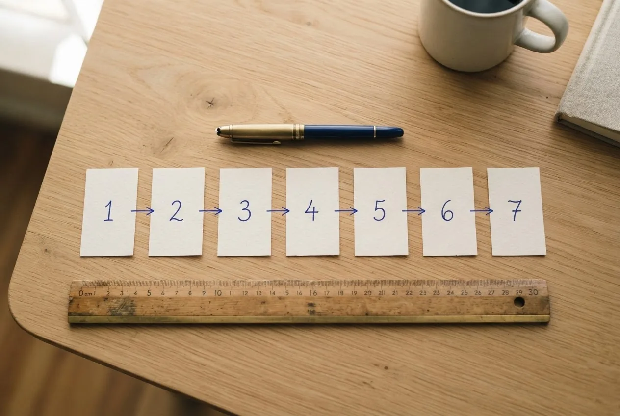 Numbered paper tabs arranged in a row and linked by blue arrows, illustrating a step-by-step SEO process