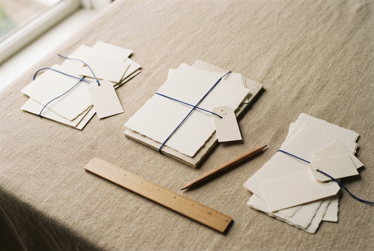 Blank index cards grouped into clusters and linked with blue thread, representing keyword intent mapping