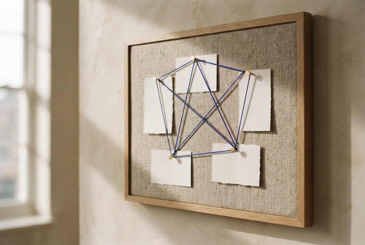 Paper notes on a linen board connected by blue thread into a network, symbolizing earned backlinks