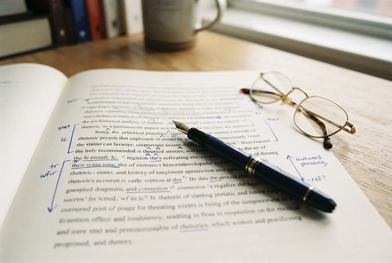 A printed page marked up with blue proofreading annotations and a fountain pen, illustrating on-page optimization