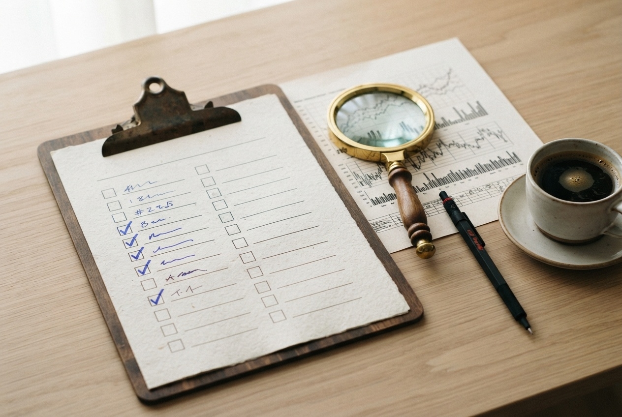 SEO audit checklist on a clipboard with ticked boxes and a magnifying glass over an analytics chart