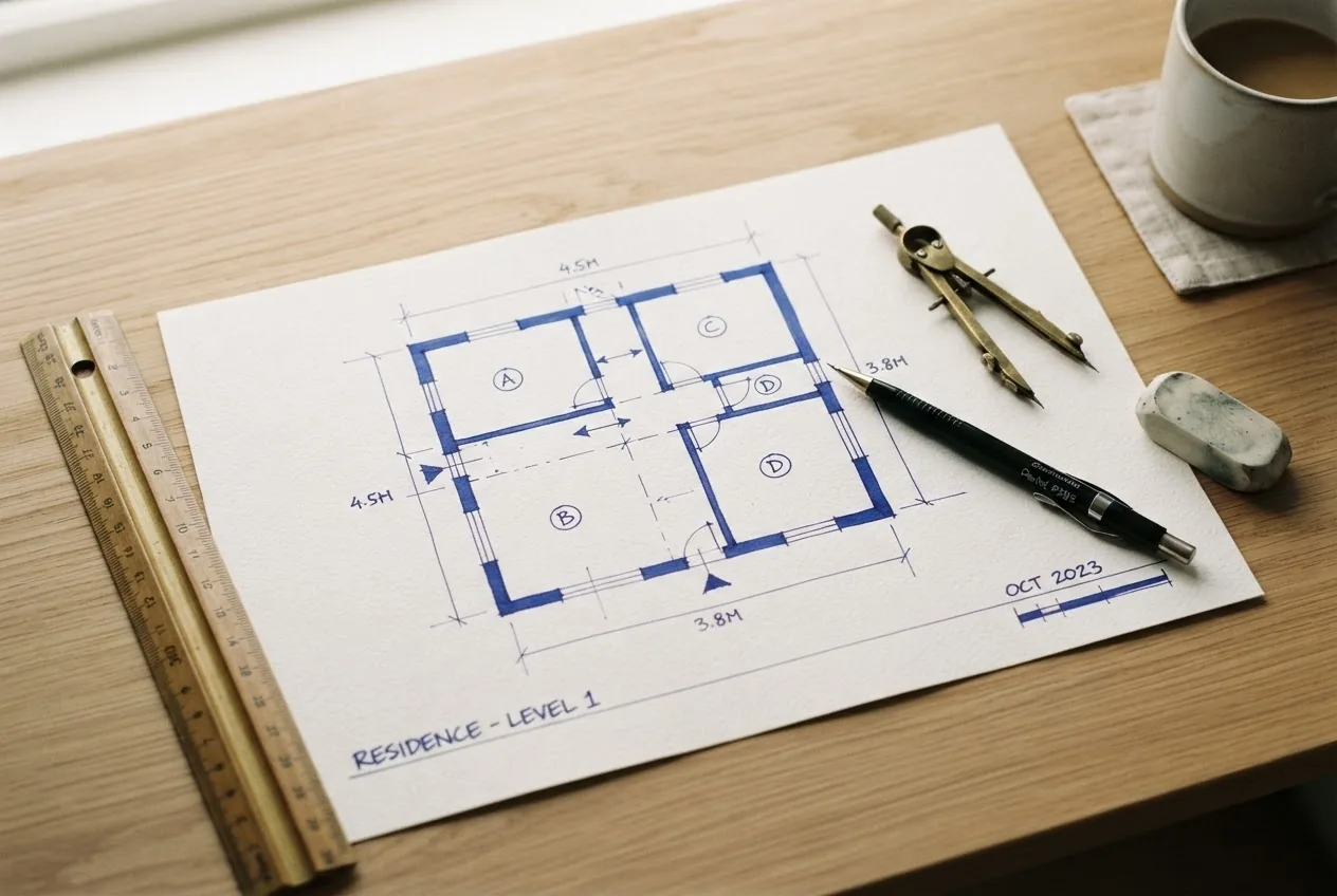 A hand-drawn blueprint in blue ink with a ruler and compass, illustrating technical SEO as a site's foundation
