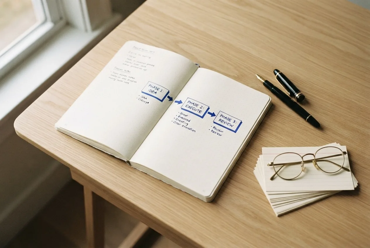 Open notebook with a hand-drawn three-box flow diagram in blue ink, illustrating how search crawls, indexes, and ranks pages